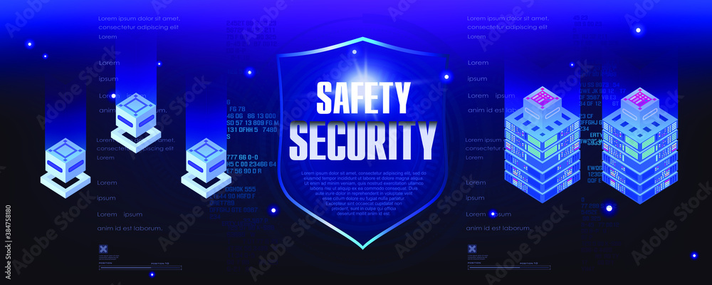 Poster protection and security of digital data. concept banner. your data is safe. security shield. server 
