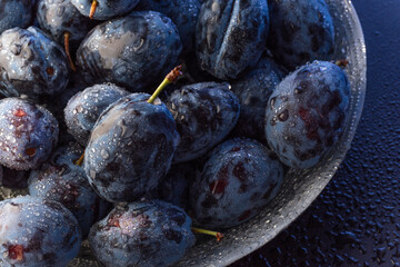 Wet Ripe Plums covered with water drops, closeup