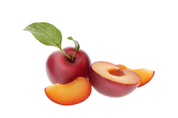 Whole and cut ripe plums with green leaves isolated on white