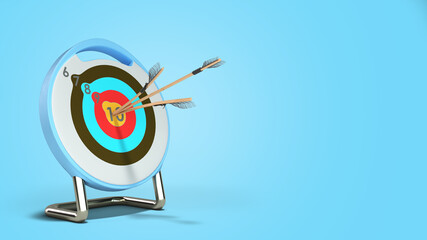 an arrow hits the target by cutting another arrow in half 3d render on blue gradient