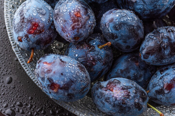 Wet Ripe Plums covered with water drops, closeup