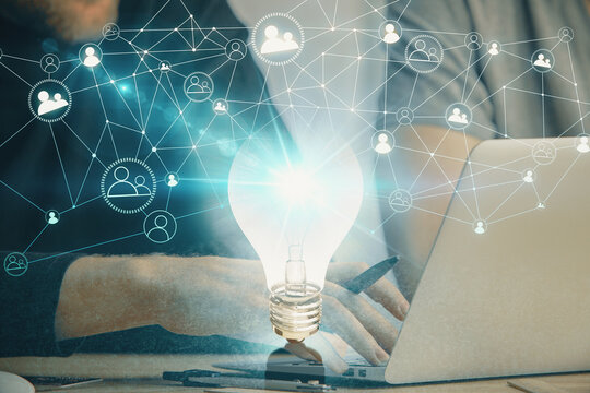 Growing arrows with businessman working on computer on background. Success concept. Double exposure.