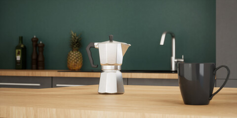 Cafetière italienne et tasse sur plan de travail en bois, vue 3d 01