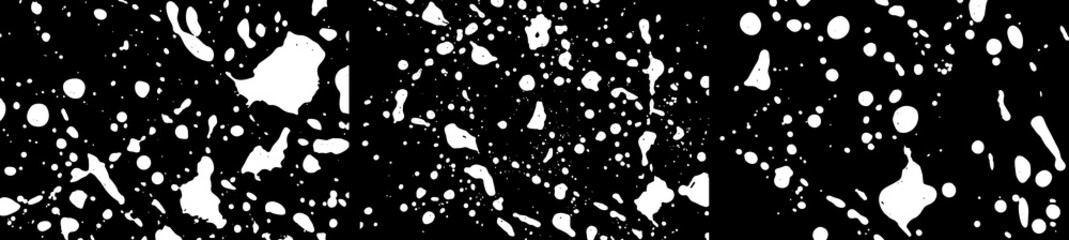 Grunge stains backgrounds set. Ink splatter. Paint splashes detailed backdrop. Liquid stains. Soap foam texture. Paint brush strokes and drops. Abstract vector illustration.