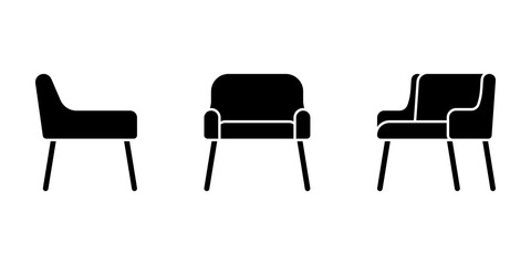 Isolated soft office chair vector illustration icon pictogram set. Front, side view silhouette on white