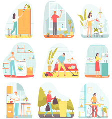 Fototapeta na wymiar Collection of scenes with people doing housework. water plants, washing clothes, cleaning windows, dusting, washing dishes, vacuum, taking out trash, ironing. Flat illustration in cartoon style.