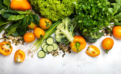 Fresh vegetables white border. Close-up.