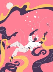 Depression concept illustration. Young man with mental health problems, drowns and suffocates in sea of sadness. Octopus tentacles drag him to the bottom