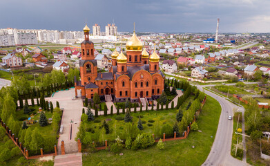 Fototapeta na wymiar Aerial view of Transfiguration Orthodox Carherdal of Gubkin in Russia