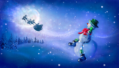 Fototapeta na wymiar Snowman sees off Santa's magic sleigh with reindeer flying at night over fairy forest and huge moon. Merry Christmas and New Year background, banner