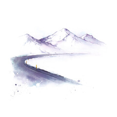 Fototapeta na wymiar Watercolor illustration of snowy mountains and road