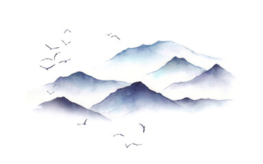 Watercolor winter landscape with mountains and birds