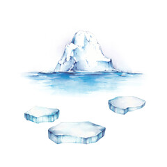 Watercolor arctic set with ice floe, snow and ice floes. Iceberg. Sea landscape