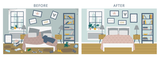 Before versus after bedroom comparison, flat cartoon vector illustration