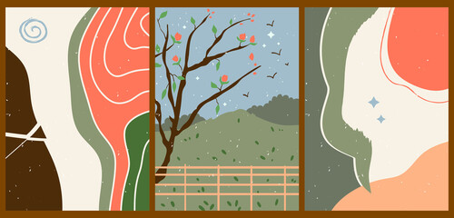 Bright creative cartoon posters. Minimalistic abstract backgrounds for your social networks, stories. Forest landscape. Vintage oriental illustrations with various geometric shapes, lines, stars.