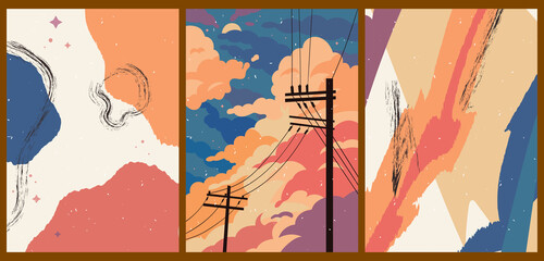 Bright creative cartoon posters. Minimalistic abstract backgrounds for your social networks, stories. Landscape with clouds. Vintage oriental illustrations with various geometric shapes, lines, stars.