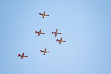 Eagle patrol fighters flying on the way to the events of the celebration of the Hispanic Day