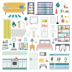 Set of furniture of clean living room, flat cartoon vector illustration isolated