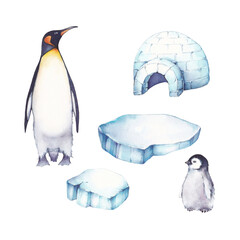 A set of watercolor illustrations: a family of penguins, an Igloo house and an ice floe. It's perfect for winter design