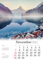 Calendar November 2021, vertical B3 size. Set of calendars with amazing landscapes. Misty autumn...
