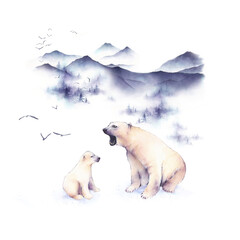 Winter watercolor composition with polar bears in the mountains. It's perfect for winter design, postcards, posters
