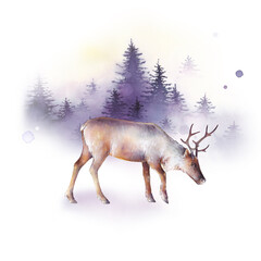 Winter watercolor landscape with a reindeer in the forest. Hand drawn watercolor illustration