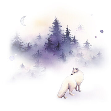 Winter watercolor landscape with forest and Arctic Fox. Hand drawn watercolor illustration © Iya Balushkina