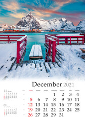 Calendar December 2021, vertical B3 size. Set of calendars with amazing landscapes. Splendid winter wie of Gravdal bay, Sakrisoy port, Lofoten Islands archipelago, Norway, Europe. - obrazy, fototapety, plakaty