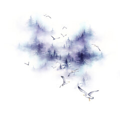 Watercolor winter landscape with mountain, fir trees and birds. It's perfect for winter design, postcards, posters