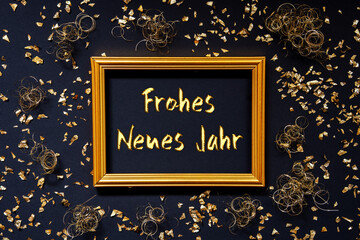 Frame With German Text Frohes Neues Jarh Means Happy New Year. Golden Christmas Decoration And Ornament. Black Background With Glitter And Sparkle