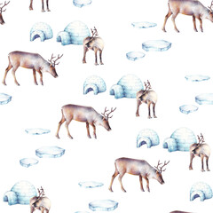 Watercolor seampless pattern with an Arctic landscape, polar reindeers and houses igloo. Illustration for children's textiles, etc