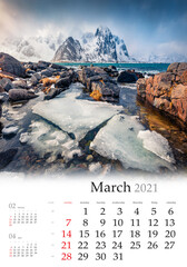 Calendar March 2021, vertical B3 size. Set of calendars with amazing landscapes. Dramatic spring view of Lofoten Islands. Melting snow on Flakstadpollen fjord. Norway, Europe.