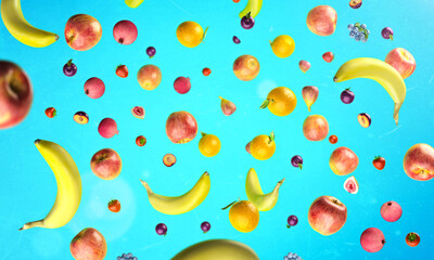 Healthy fruits with vitamins on blue background. Organic fresh sweet fruits flying pattern. Apples, banana, orange, plums, strawberies. Healthy diet. 3d rendering.