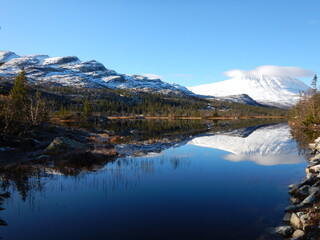 Snowy Mountains reflected in the Lake