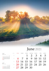 Calendar June 2021, vertical B3 size. Set of calendars with amazing landscapes. Fantastic summer sunrise on the river. Picturesque morning scene of Ukraine countriside, Europe.