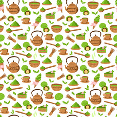 Matcha green tea pattern. Seamless japanese culture pattern with Matcha powder, bowl, teapot, leaves and cupcake.