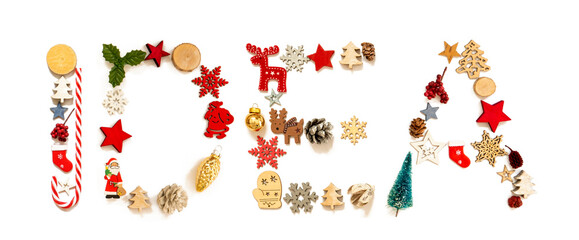Colorful Christmas Decoration Letter Building English Word Idea. Festive Ornament Like Christmas Tree, Star And Ball. White Isolated Background
