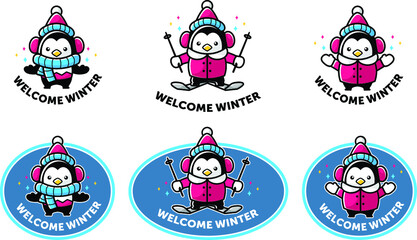 The illustration of penguin use winter cloth say welcome winter season