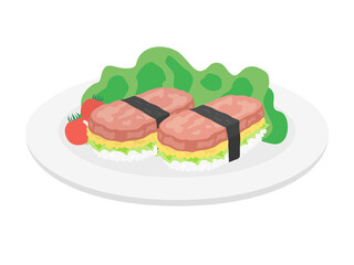 皿に盛られたランチョンミートのおむすびイラスト