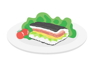 皿に盛られたランチョンミートのおむすびイラスト