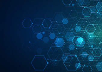 Obraz premium Digital technology background. Abstract hexagons background with lines and dots. Design for science, medicine or technology