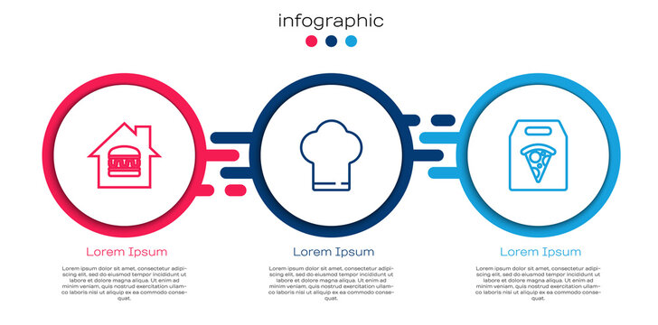 Set line Online ordering and delivery, Chef hat and pizza. Business infographic template. Vector.