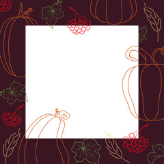 Cute hand drawn frame with pumpkins, leaves and rowanberry. Colorful line objects. Vector drawing with copy space for greeting card, season invitation, banner, flyer, blogs, advertising.