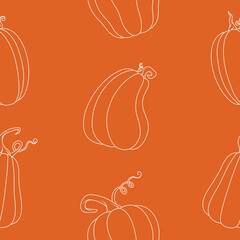 Seamless vector pattern with cute hand drawn pumpkins. White line objects on orange background. For wrapping paper, invitation, card, gift, fabric, wallpaper, poster, textile, banner, advertising, web
