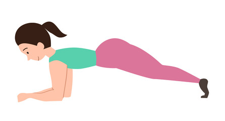 Woman performs an elbow plank exercise, leaning on her elbows. Sports exercises for the whole body. Vector illustration on a white isolated background