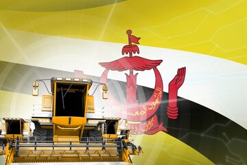 Digital industrial 3D illustration of yellow modern rye combine harvesters on Brunei Darussalam flag, farming equipment modernisation concept