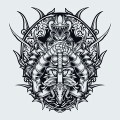 tattoo and t-shirt design dark knight with engraving ornament premium vector