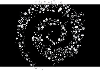 Silver Streamer Falling Vector Black Background. 