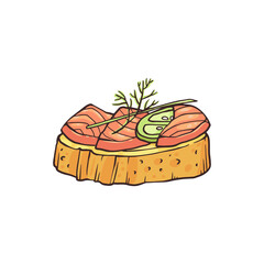 Small canape with salmon fish, sketch hand drawn vector illustration isolated.