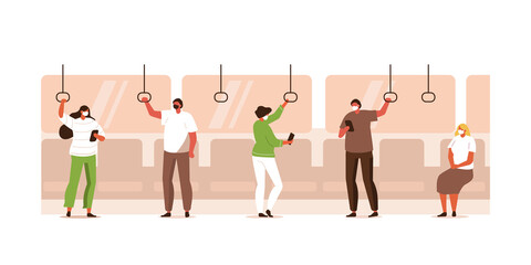 People Characters wearing Facial Medical Masks standing and sitting in Subway, Bus or Train.  Social Distancing in Public Transport Concept. Flat Cartoon Vector Illustration.